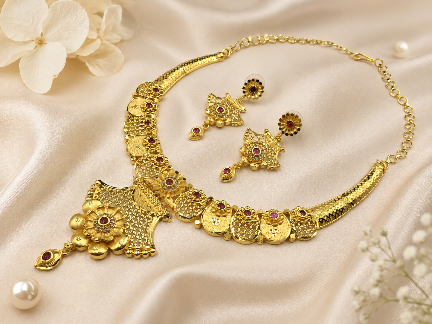 ROYAL RUBY BLOOM MICRO GOLD PLATED AD STONE NECKLACE SET WITH EARRINGS FOR WOMEN | TRADITIONAL GOLD FINISH JEWELLERY