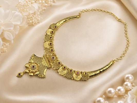 ROYAL RUBY BLOOM MICRO GOLD PLATED AD STONE NECKLACE SET WITH EARRINGS FOR WOMEN | TRADITIONAL GOLD FINISH JEWELLERY