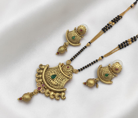 HERITAGE RAJWADI FILIGREE HALF MOON MANGALSUTRA WITH STONE WORK