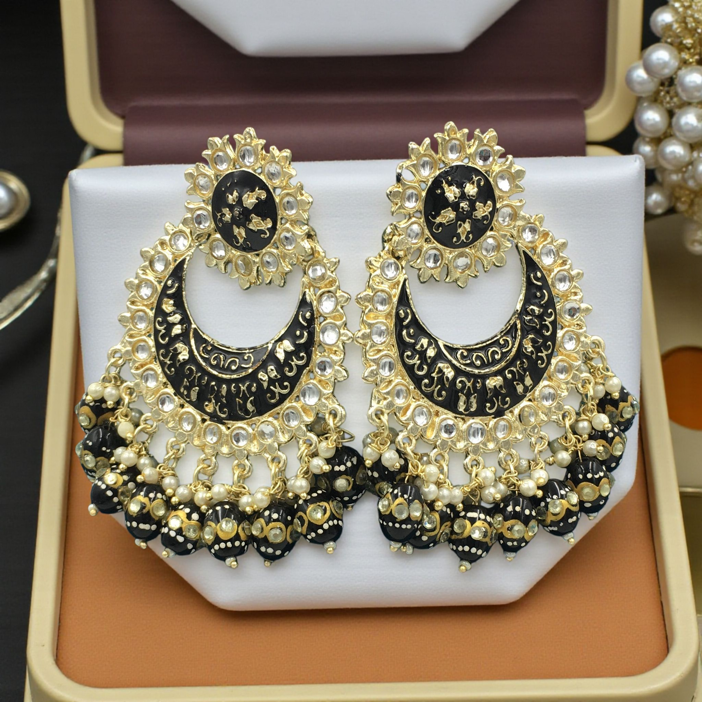 CRIMSON CRESCENT KUNDAN DROPS CHANDBALI