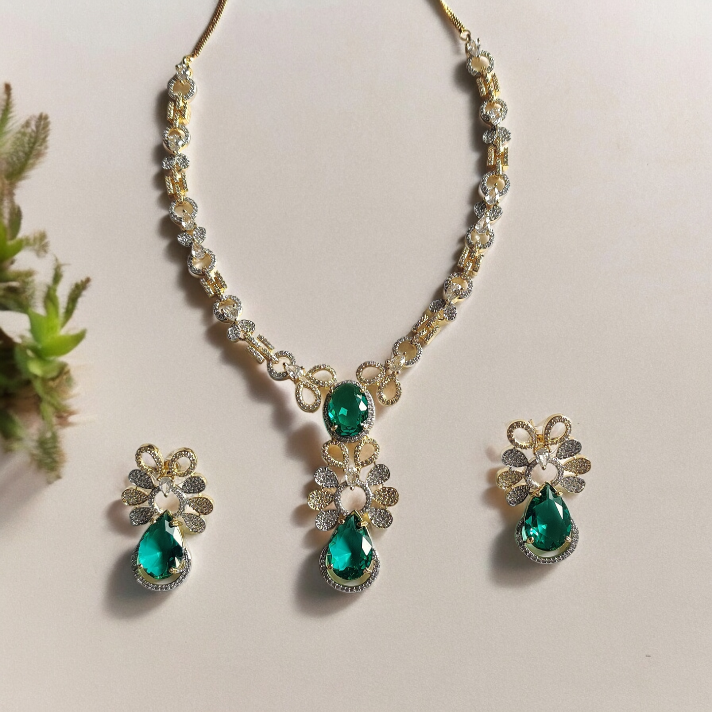 RAMA GREEN FLORAL ELEGANCE ADORNED NECKLACE AND EARRINGS SET