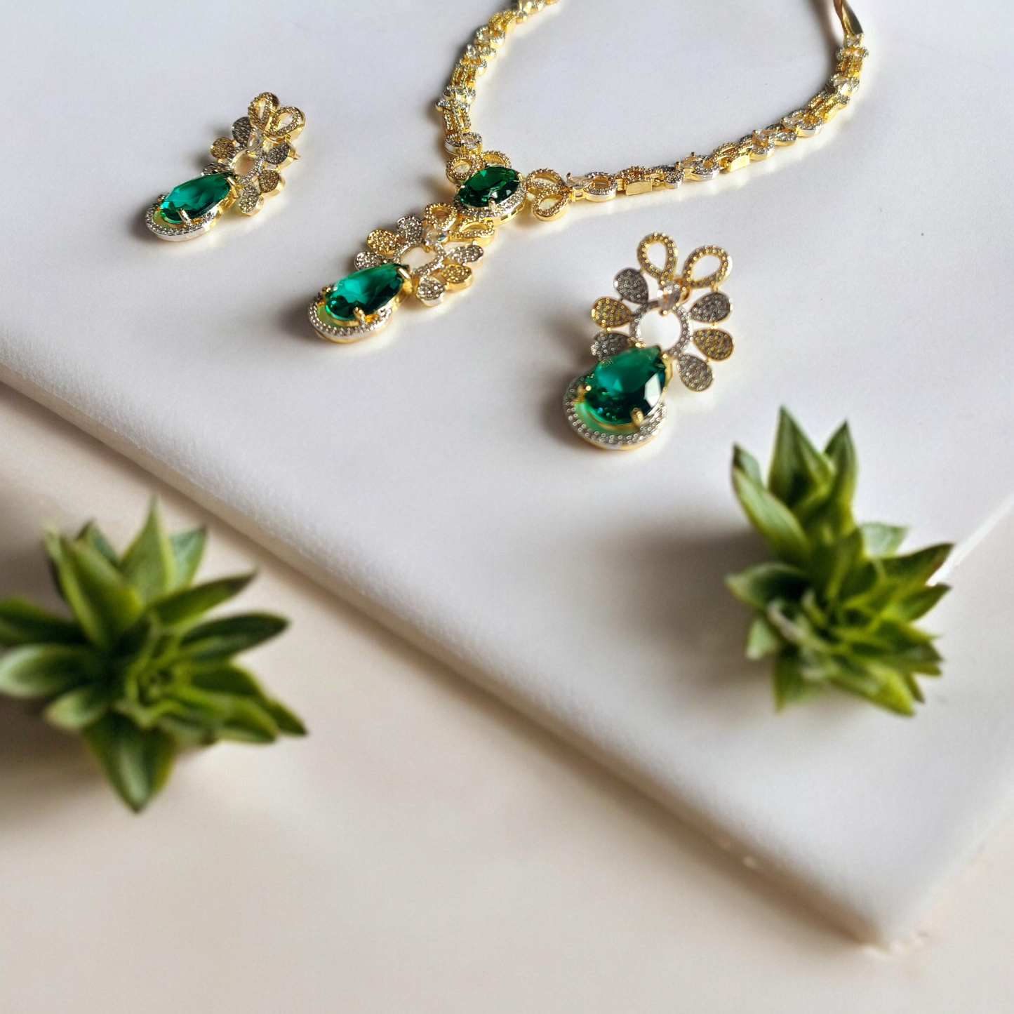 RAMA GREEN FLORAL ELEGANCE ADORNED NECKLACE AND EARRINGS SET