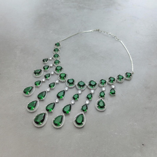 NEERVI ROYAL GREEN ADORNED SILVER ZIRCONIA NECKLACE SET