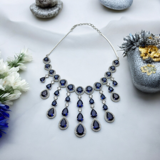 NEERVI ROYAL BLUE ADORNED SILVER ZIRCONIA NECKLACE SET