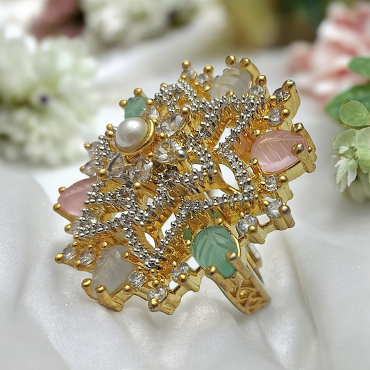 NEERVI MULTI COLOUR LEAFY STONE AND ZIRCONIA ADJUSTABLE RING