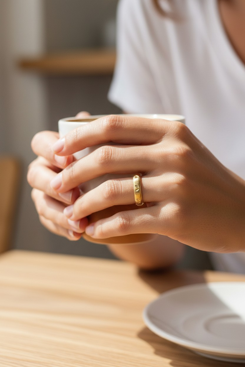 MINIMAL LEAF ENGRAVED GOLD BAND LADIES RING