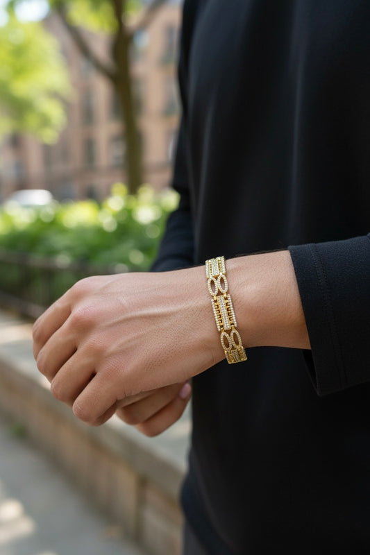 REGENT OVAL GOLD PLATED DIAMOND BRACELET FOR MEN - LUXURY STATEMENT LINK DESIGN