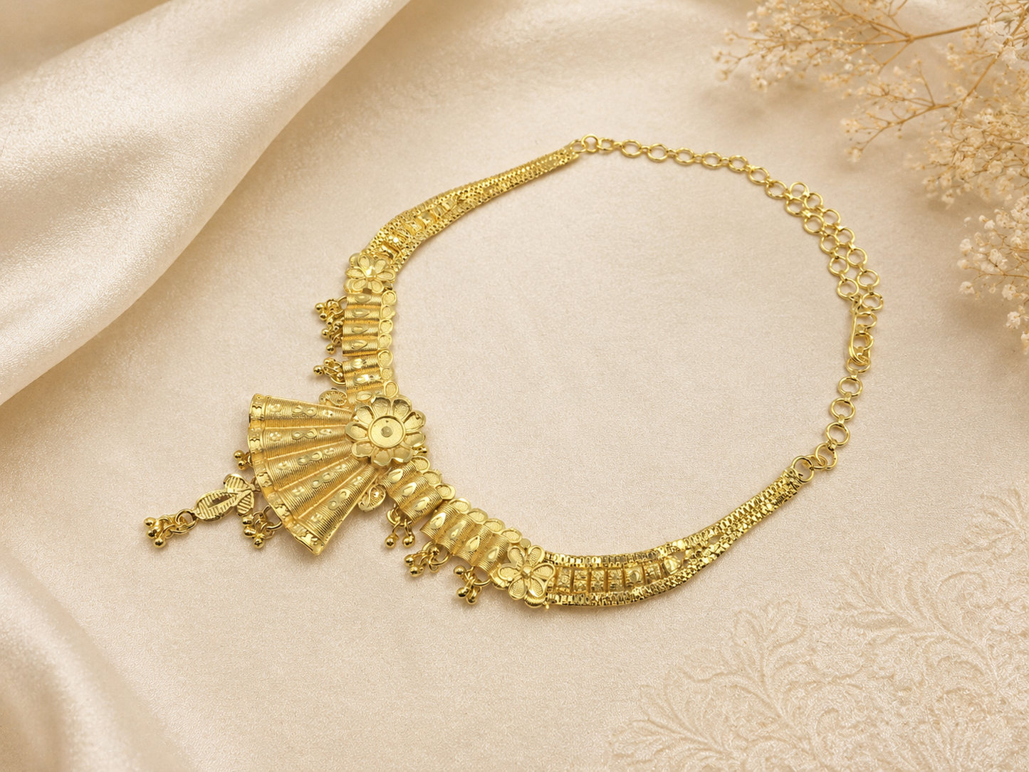 ROYAL FAN BLOOM MICRO GOLD PLATED NECKLACE SET WITH EARRINGS FOR WOMEN | TRADITIONAL GOLD FINISH JEWELLERY