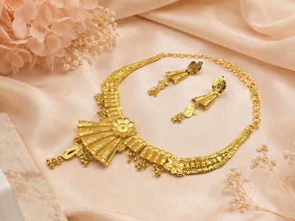 ROYAL FAN BLOOM MICRO GOLD PLATED NECKLACE SET WITH EARRINGS FOR WOMEN | TRADITIONAL GOLD FINISH JEWELLERY