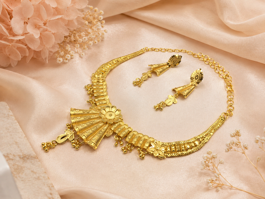 ROYAL FAN BLOOM MICRO GOLD PLATED NECKLACE SET WITH EARRINGS FOR WOMEN | TRADITIONAL GOLD FINISH JEWELLERY