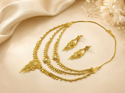 ROYAL TRIPLE BLOOM MICRO GOLD PLATED NECKLACE SET WITH EARRINGS FOR WOMEN | TRADITIONAL GOLD FINISH JEWELLERY