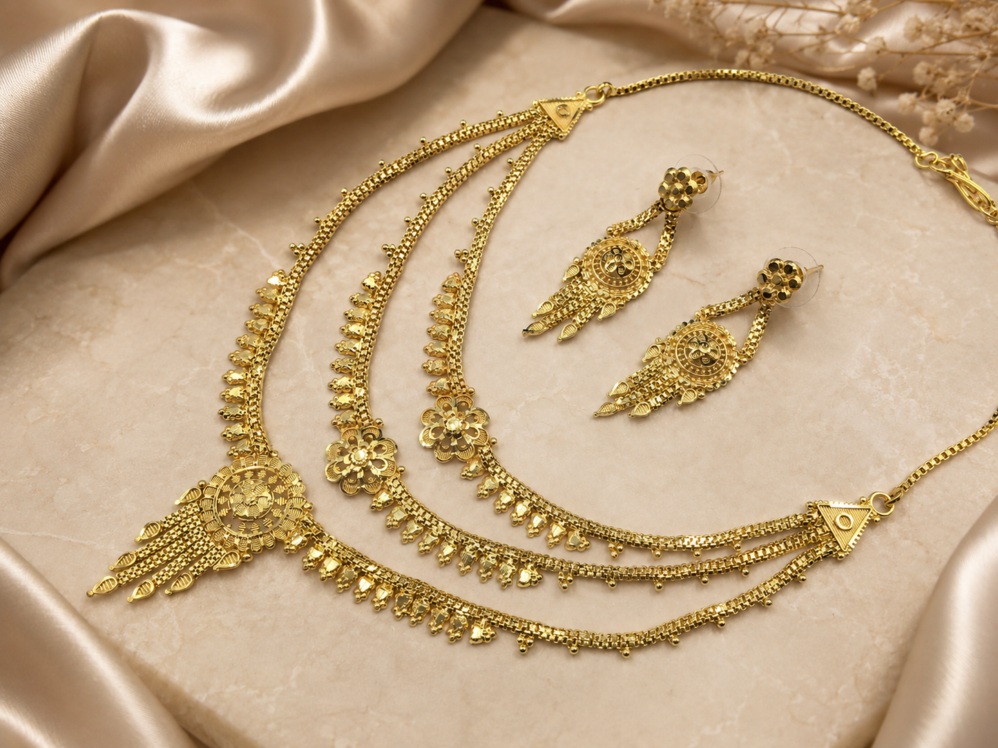 ROYAL TRIPLE BLOOM MICRO GOLD PLATED NECKLACE SET WITH EARRINGS FOR WOMEN | TRADITIONAL GOLD FINISH JEWELLERY