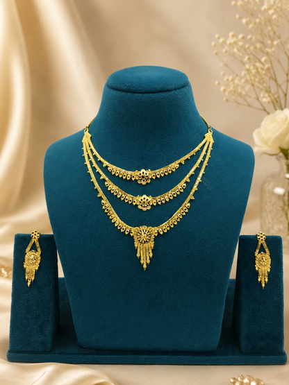 ROYAL TRIPLE BLOOM MICRO GOLD PLATED NECKLACE SET WITH EARRINGS FOR WOMEN | TRADITIONAL GOLD FINISH JEWELLERY