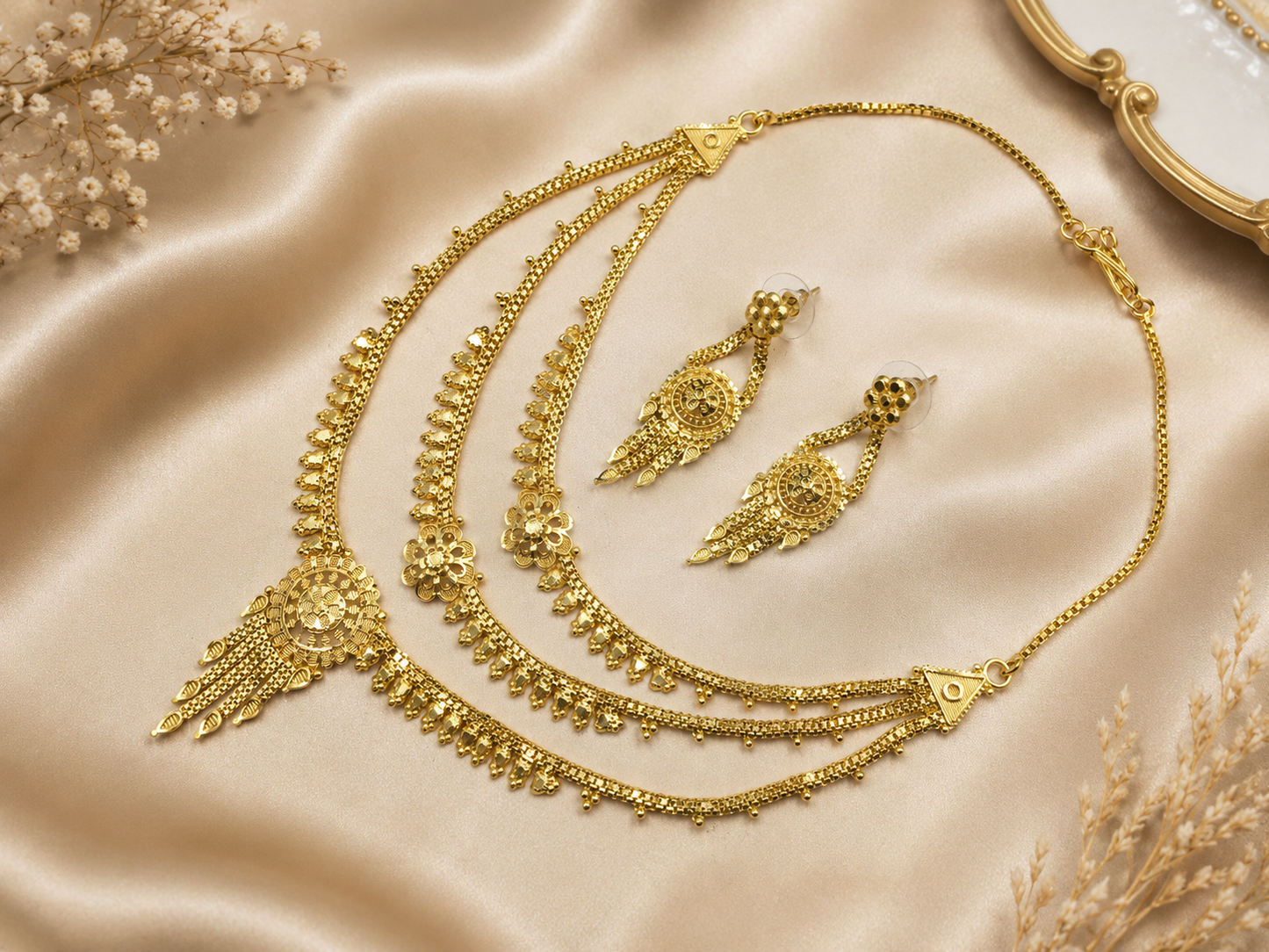 ROYAL TRIPLE BLOOM MICRO GOLD PLATED NECKLACE SET WITH EARRINGS FOR WOMEN | TRADITIONAL GOLD FINISH JEWELLERY