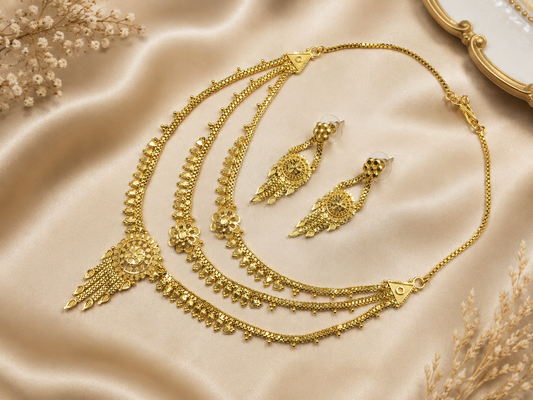ROYAL TRIPLE BLOOM MICRO GOLD PLATED NECKLACE SET WITH EARRINGS FOR WOMEN | TRADITIONAL GOLD FINISH JEWELLERY