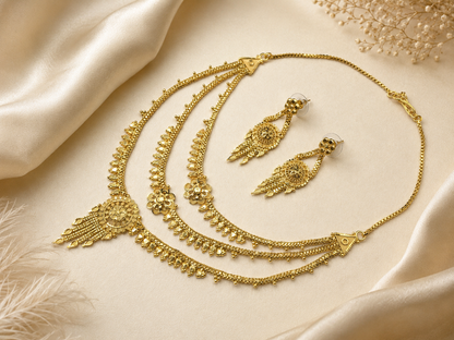 ROYAL TRIPLE BLOOM MICRO GOLD PLATED NECKLACE SET WITH EARRINGS FOR WOMEN | TRADITIONAL GOLD FINISH JEWELLERY