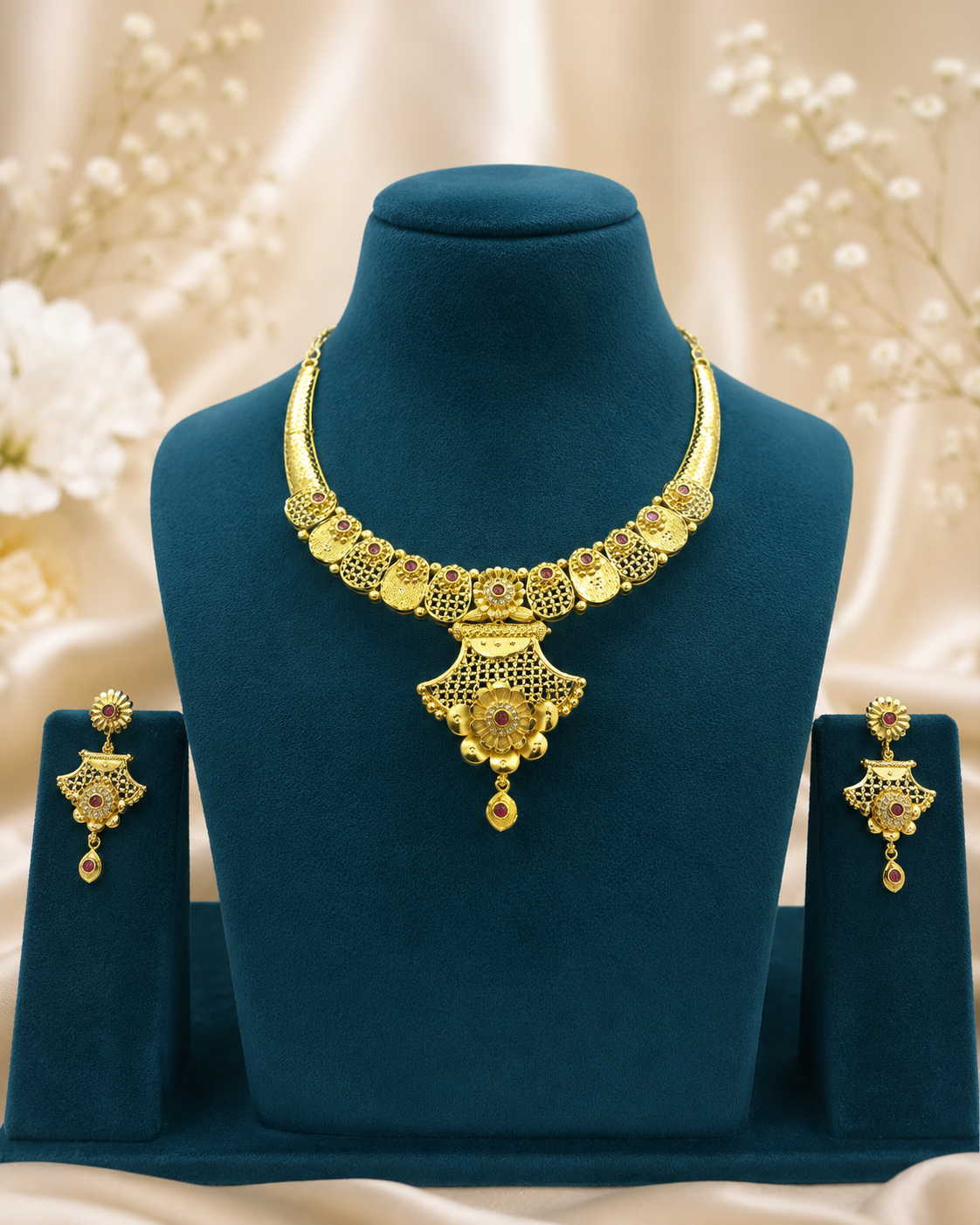 ROYAL RUBY BLOOM MICRO GOLD PLATED AD STONE NECKLACE SET WITH EARRINGS FOR WOMEN | TRADITIONAL GOLD FINISH JEWELLERY