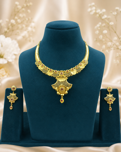 ROYAL RUBY BLOOM MICRO GOLD PLATED AD STONE NECKLACE SET WITH EARRINGS FOR WOMEN | TRADITIONAL GOLD FINISH JEWELLERY