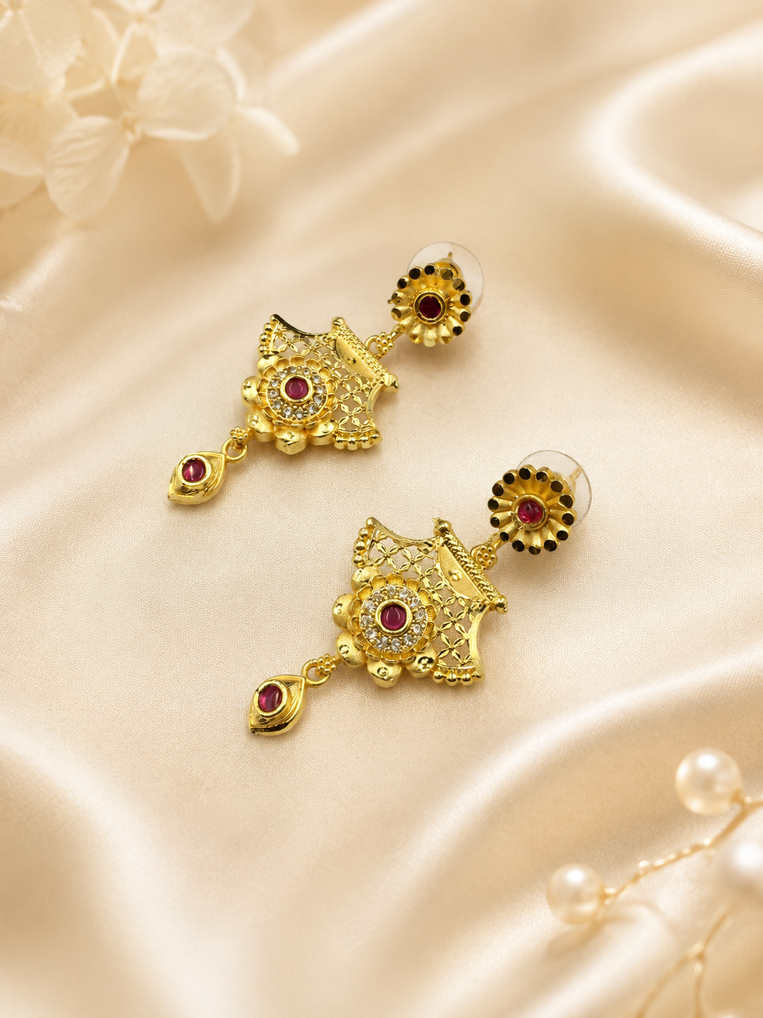 ROYAL RUBY BLOOM MICRO GOLD PLATED AD STONE NECKLACE SET WITH EARRINGS FOR WOMEN | TRADITIONAL GOLD FINISH JEWELLERY