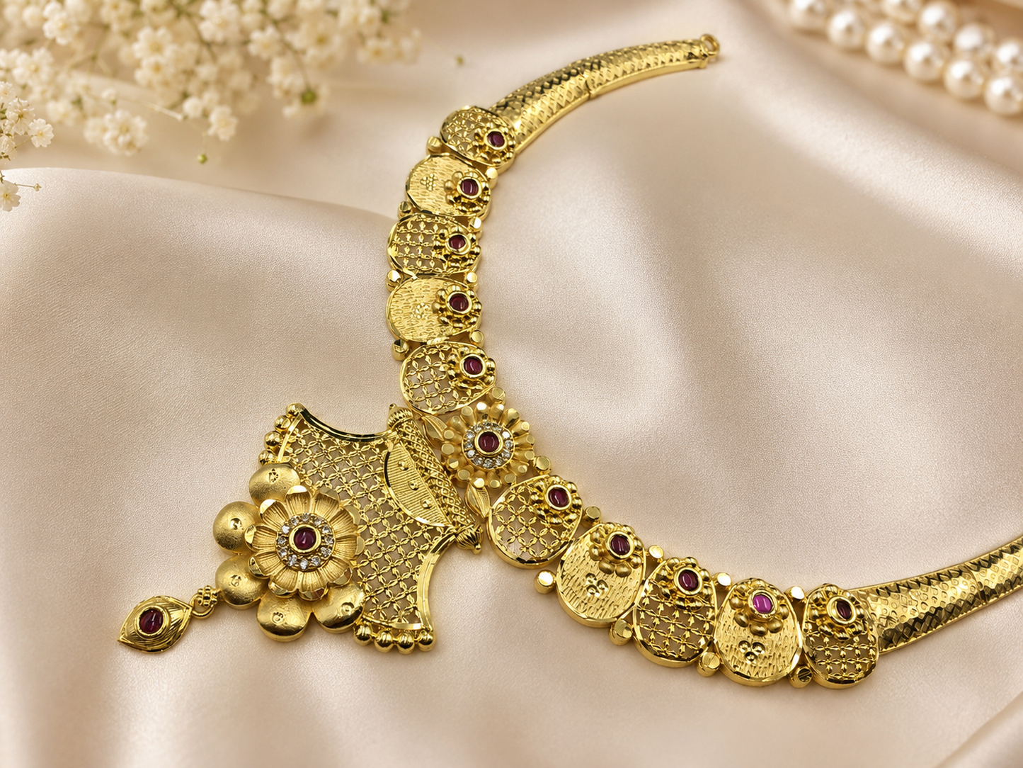 ROYAL RUBY BLOOM MICRO GOLD PLATED AD STONE NECKLACE SET WITH EARRINGS FOR WOMEN | TRADITIONAL GOLD FINISH JEWELLERY
