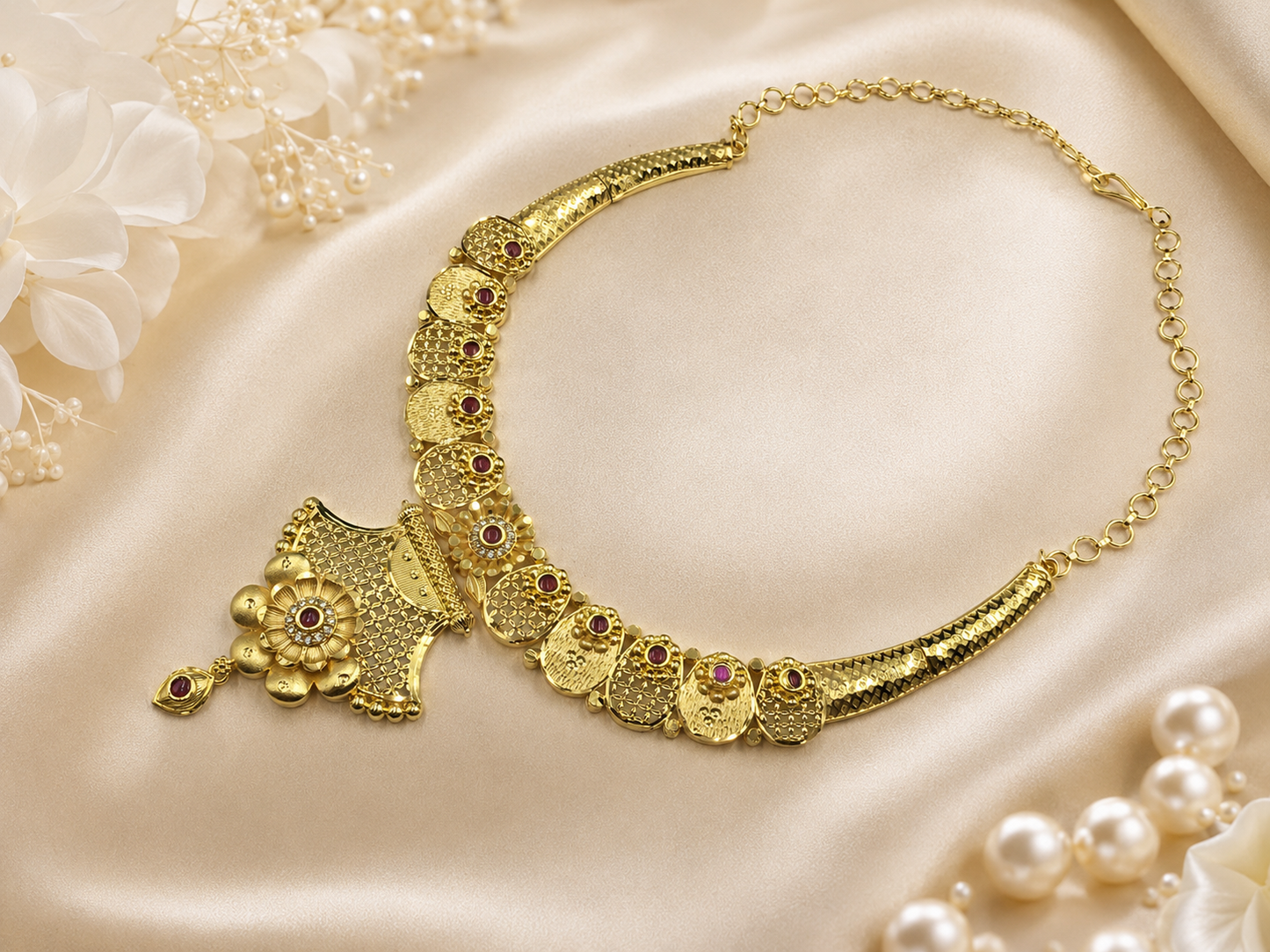 ROYAL RUBY BLOOM MICRO GOLD PLATED AD STONE NECKLACE SET WITH EARRINGS FOR WOMEN | TRADITIONAL GOLD FINISH JEWELLERY