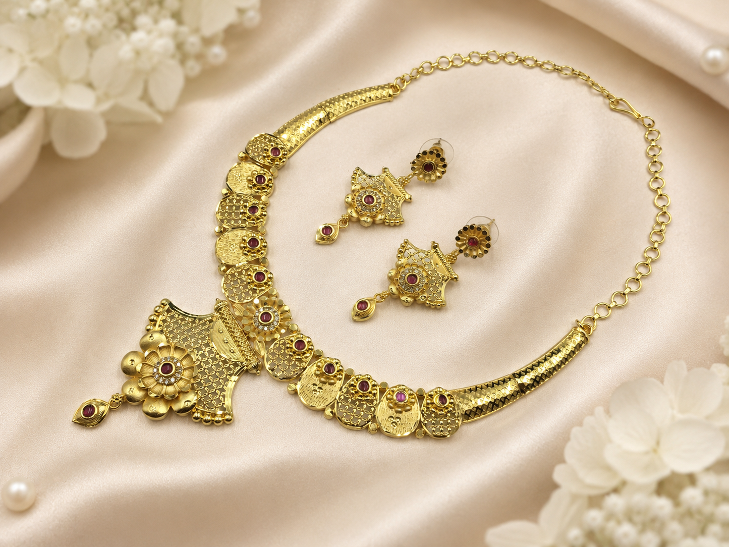 ROYAL RUBY BLOOM MICRO GOLD PLATED AD STONE NECKLACE SET WITH EARRINGS FOR WOMEN | TRADITIONAL GOLD FINISH JEWELLERY