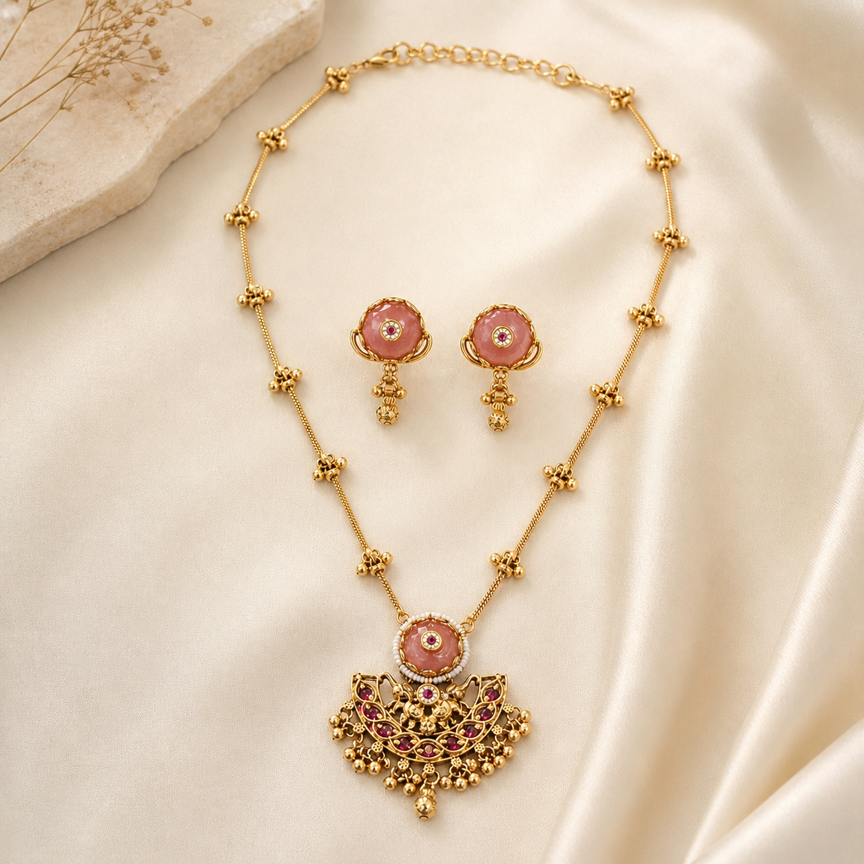HERITAGE RAJWADI CHAIN PENDANT SET WITH PINK MONA LISA STONE & GHUNGRU