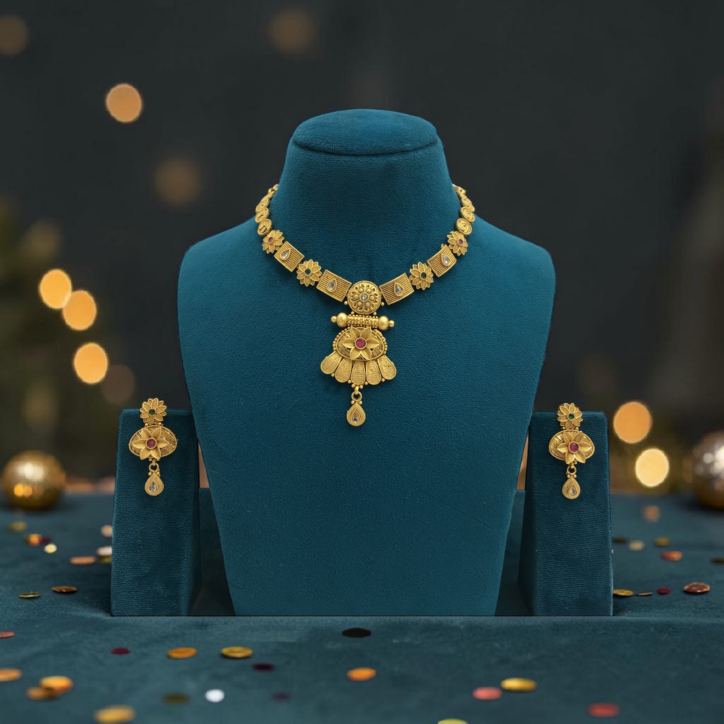 ELEGANT FLORAL RAJWADI NECKLACE SET