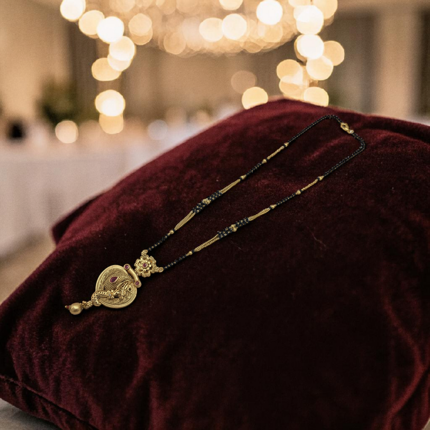 HERITAGE RAJWADI ARCH DESIGN MANGALSUTRA WITH  PINK STONES