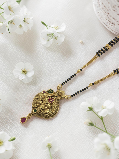 HERITAGE RAJWADI LEAF FLORAL MANGALSUTRA WITH DESIGNER STONE WORK
