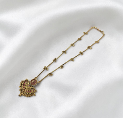 HERITAGE RAJWADI CHAIN PENDANT SET WITH PINK MONA LISA STONE & GHUNGRU