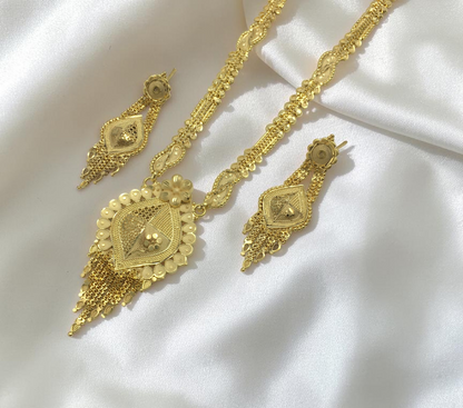 RAJVI JHAROKHA ONE GRAM FORMING LONG NECKLACE SET WITH EARRINGS FOR WOMEN | TRADITIONAL GOLD FINISH JEWELLERY