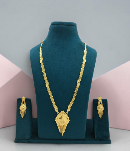 RAJVI JHAROKHA ONE GRAM FORMING LONG NECKLACE SET WITH EARRINGS FOR WOMEN | TRADITIONAL GOLD FINISH JEWELLERY