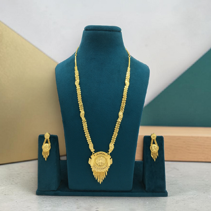 RAJVI MANDIRA ONE GRAM FORMING LONG NECKLACE SET WITH EARRINGS FOR WOMEN | TRADITIONAL GOLD FINISH JEWELLERY