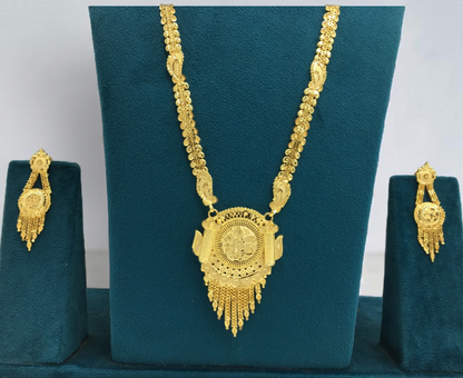 RAJVI MANDIRA ONE GRAM FORMING LONG NECKLACE SET WITH EARRINGS FOR WOMEN | TRADITIONAL GOLD FINISH JEWELLERY