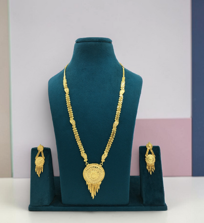 RAJVI CHANDRIKA ONE GRAM FORMING LONG NECKLACE SET WITH EARRINGS FOR WOMEN | TRADITIONAL GOLD FINISH JEWELLERY
