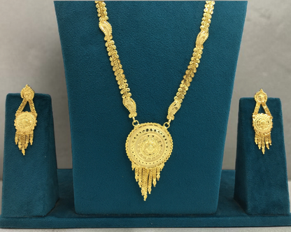 RAJVI CHANDRIKA ONE GRAM FORMING LONG NECKLACE SET WITH EARRINGS FOR WOMEN | TRADITIONAL GOLD FINISH JEWELLERY