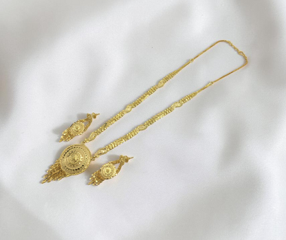 RAJVI CHANDRIKA ONE GRAM FORMING LONG NECKLACE SET WITH EARRINGS FOR WOMEN | TRADITIONAL GOLD FINISH JEWELLERY