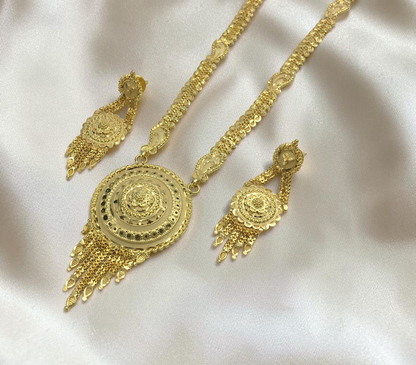 RAJVI CHANDRIKA ONE GRAM FORMING LONG NECKLACE SET WITH EARRINGS FOR WOMEN | TRADITIONAL GOLD FINISH JEWELLERY