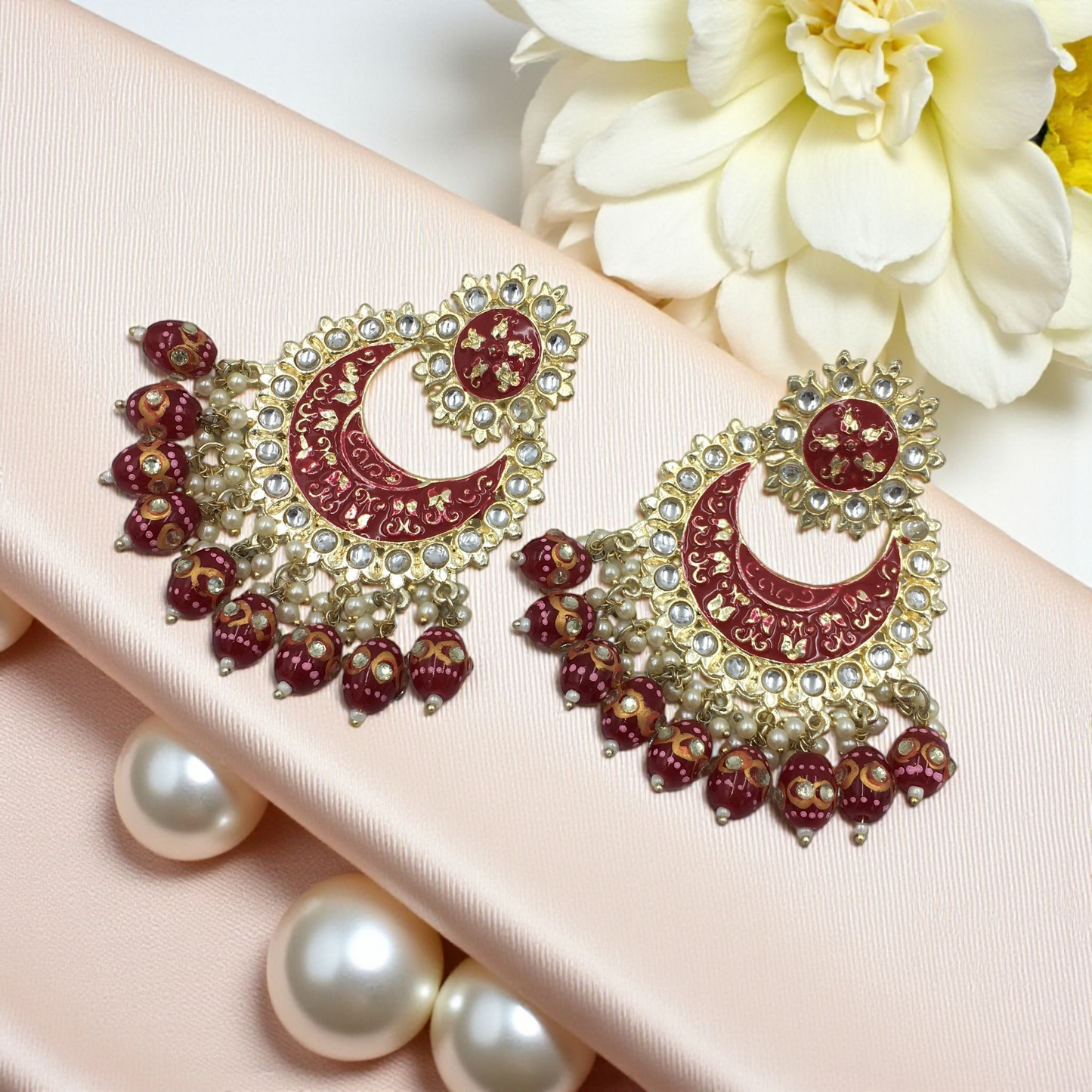ADAH RED ENAMEL KUNDAN DROPS CHANDBALI