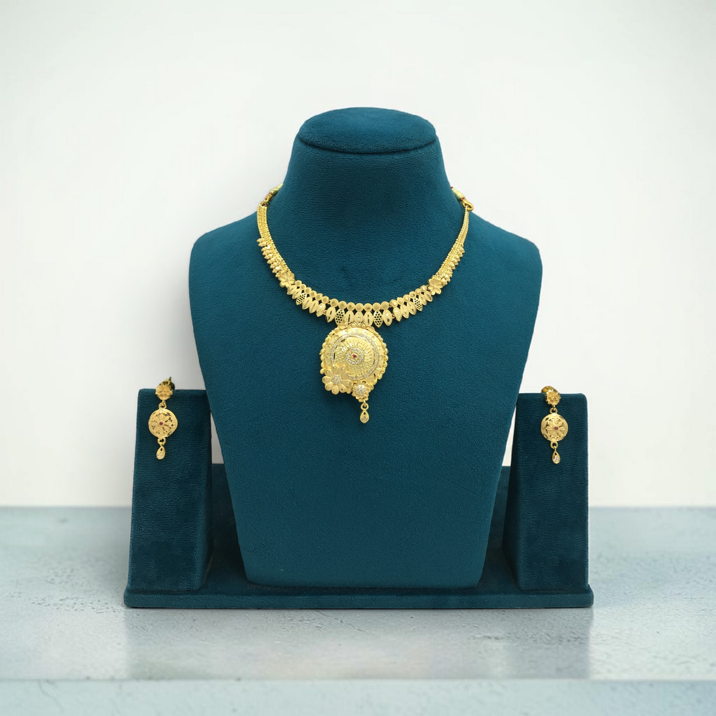KANAK MAYURI AD STONE ONE GRAM FORMING SHORT NECKLACE SET WITH EARRINGS FOR WOMEN | TRADITIONAL GOLD FINISH JEWELLERY