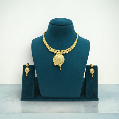 KANAK MAYURI AD STONE ONE GRAM FORMING SHORT NECKLACE SET WITH EARRINGS FOR WOMEN | TRADITIONAL GOLD FINISH JEWELLERY