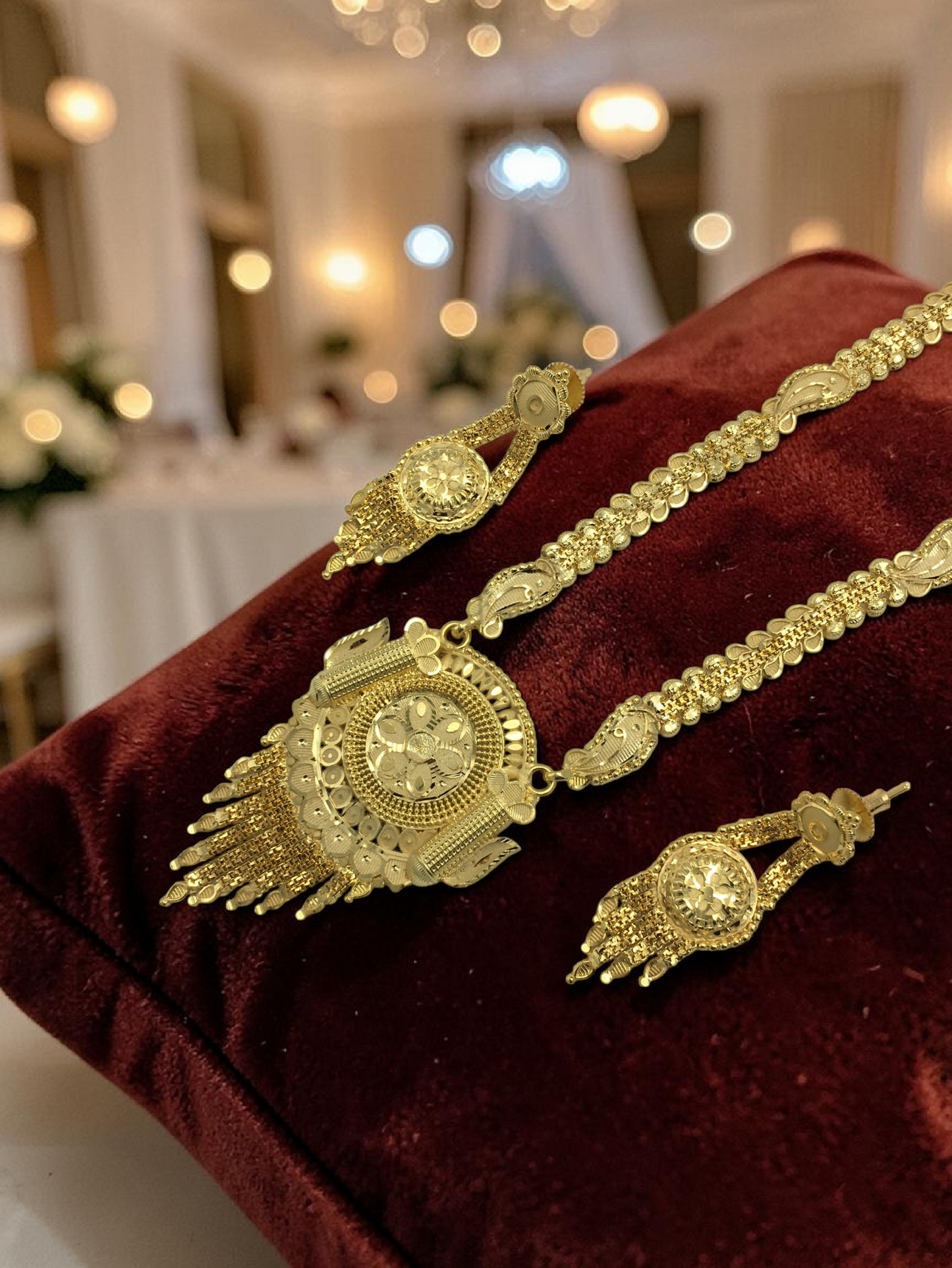 RAJVI MANDIRA ONE GRAM FORMING LONG NECKLACE SET WITH EARRINGS FOR WOMEN | TRADITIONAL GOLD FINISH JEWELLERY