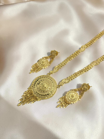 RAJVI CHANDRIKA ONE GRAM FORMING LONG NECKLACE SET WITH EARRINGS FOR WOMEN | TRADITIONAL GOLD FINISH JEWELLERY