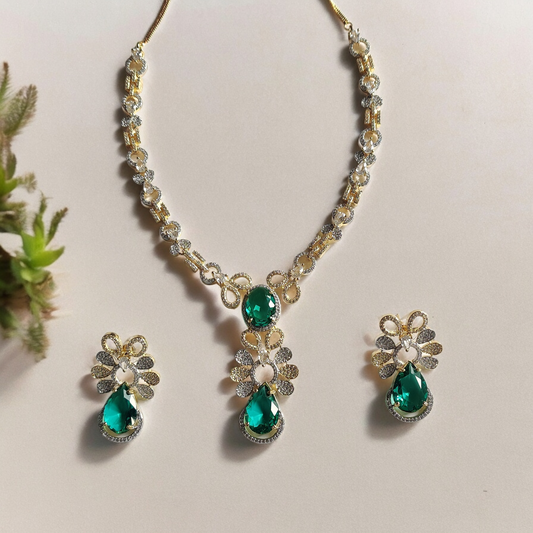RAMA GREEN FLORAL ELEGANCE ADORNED NECKLACE AND EARRINGS SET