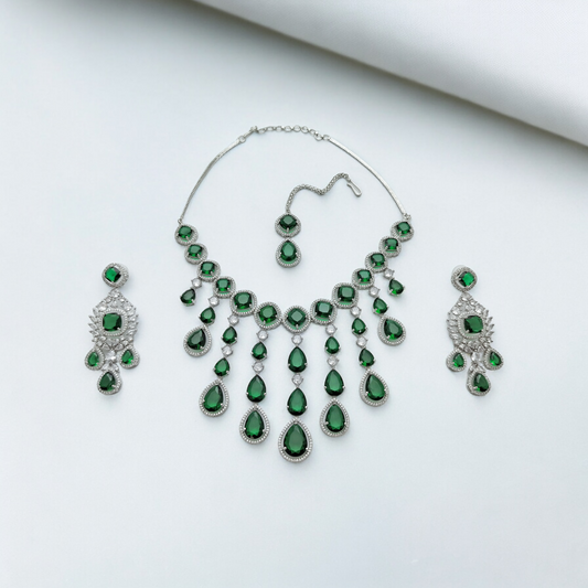 NEERVI ROYAL GREEN ADORNED SILVER ZIRCONIA NECKLACE SET