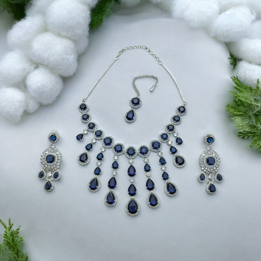 NEERVI ROYAL BLUE ADORNED SILVER ZIRCONIA NECKLACE SET