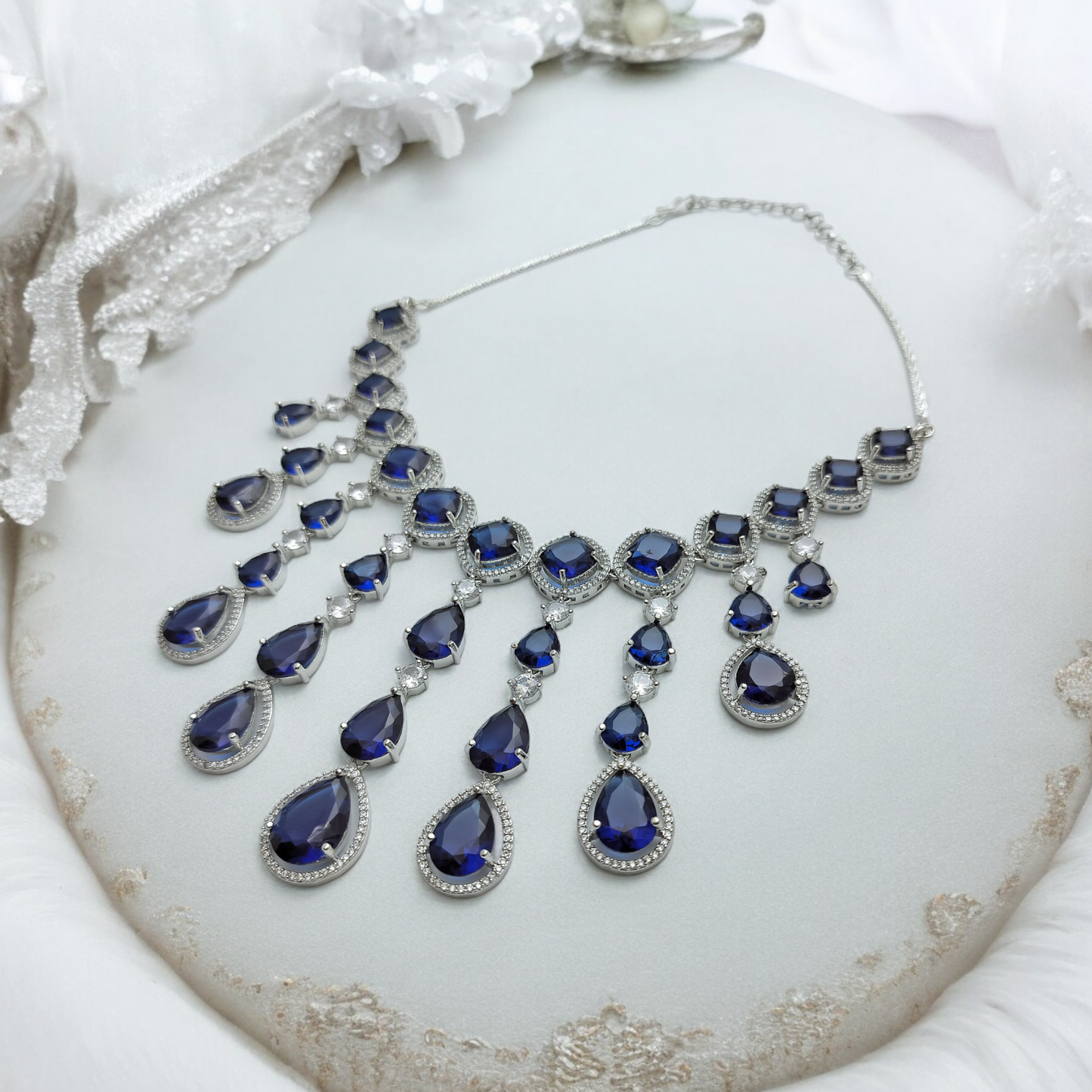 NEERVI ROYAL BLUE ADORNED SILVER ZIRCONIA NECKLACE SET