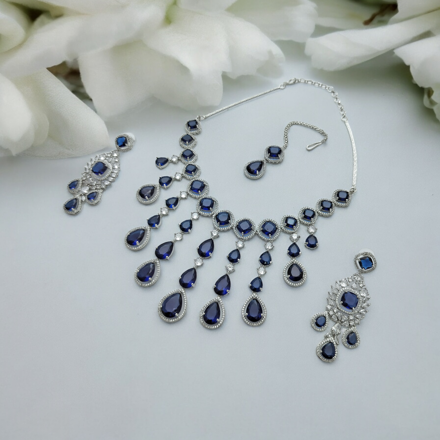 NEERVI ROYAL BLUE ADORNED SILVER ZIRCONIA NECKLACE SET