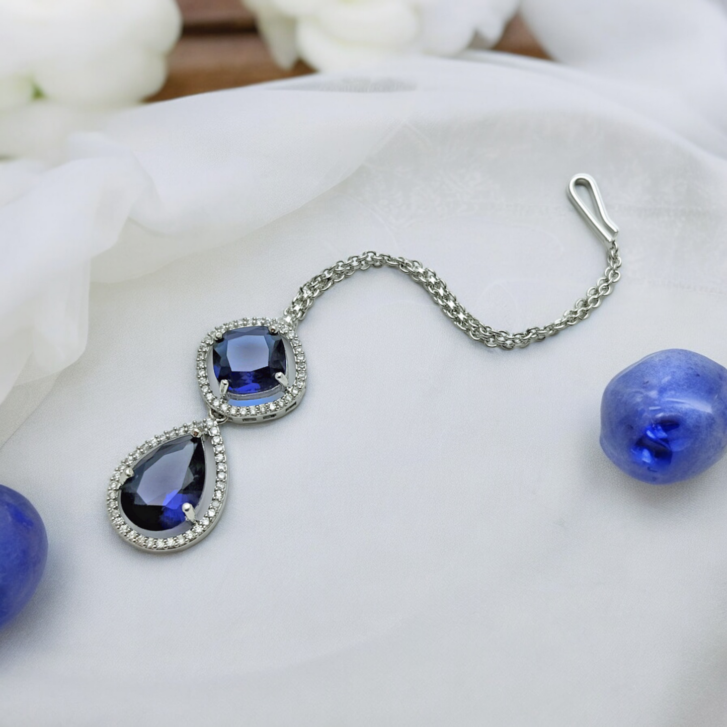 NEERVI ROYAL BLUE ADORNED SILVER ZIRCONIA NECKLACE SET